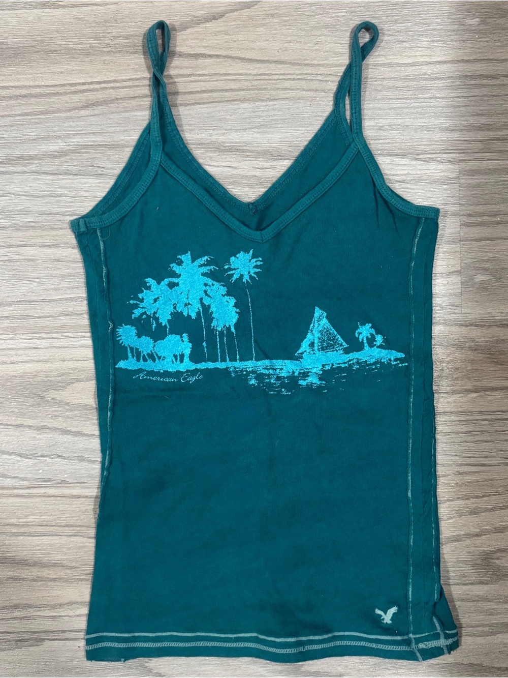Vintage Y2K American Eagle Teal Tropical Palm Tree Graphic Cami Tank 100% Cotton